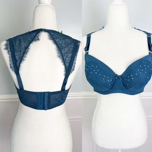 Cacique Blue Rhinestone Embellished Bra Lace Open Back Boho Balconette Sz 38D - Picture 1 of 11